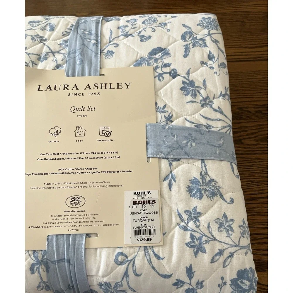 Laura Ashley Twin Quilt Sham Set Cotton Blue White Floral Dorm Room Cottagecoore